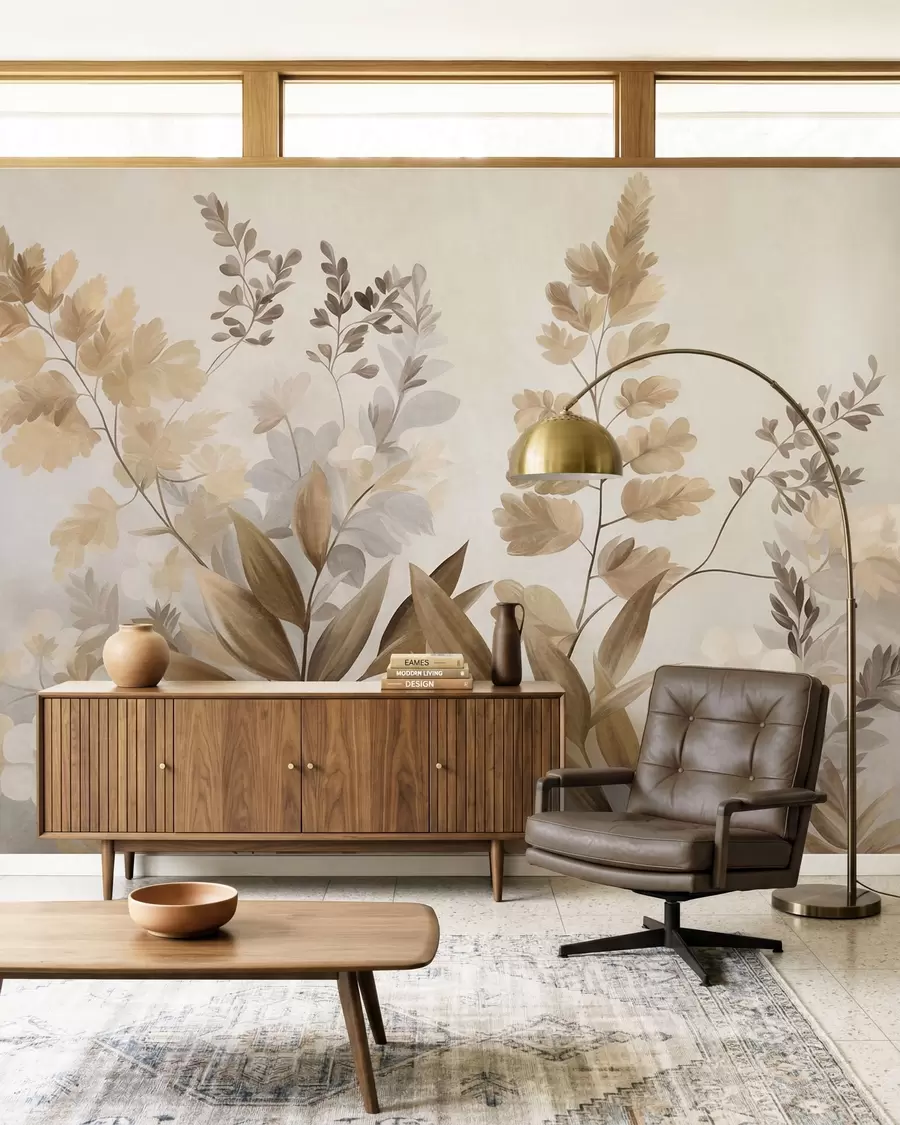 fototapeter Teksturert botanisk kunst, ulike planter og blader i brune og beige nyanser w09979