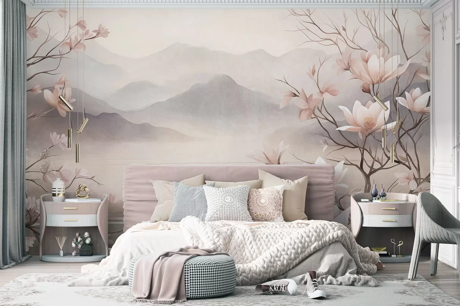 fototapeter Fjell og blomstrende rosa magnoliagrener, et landskap med rik tekstur w10013