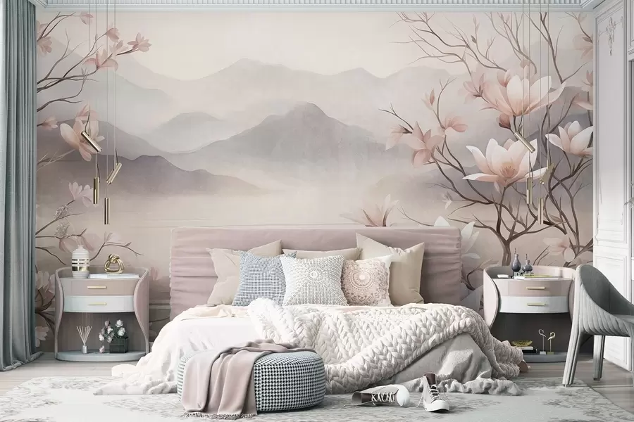 fototapeter Fjell og blomstrende rosa magnoliagrener, et landskap med rik tekstur w10013