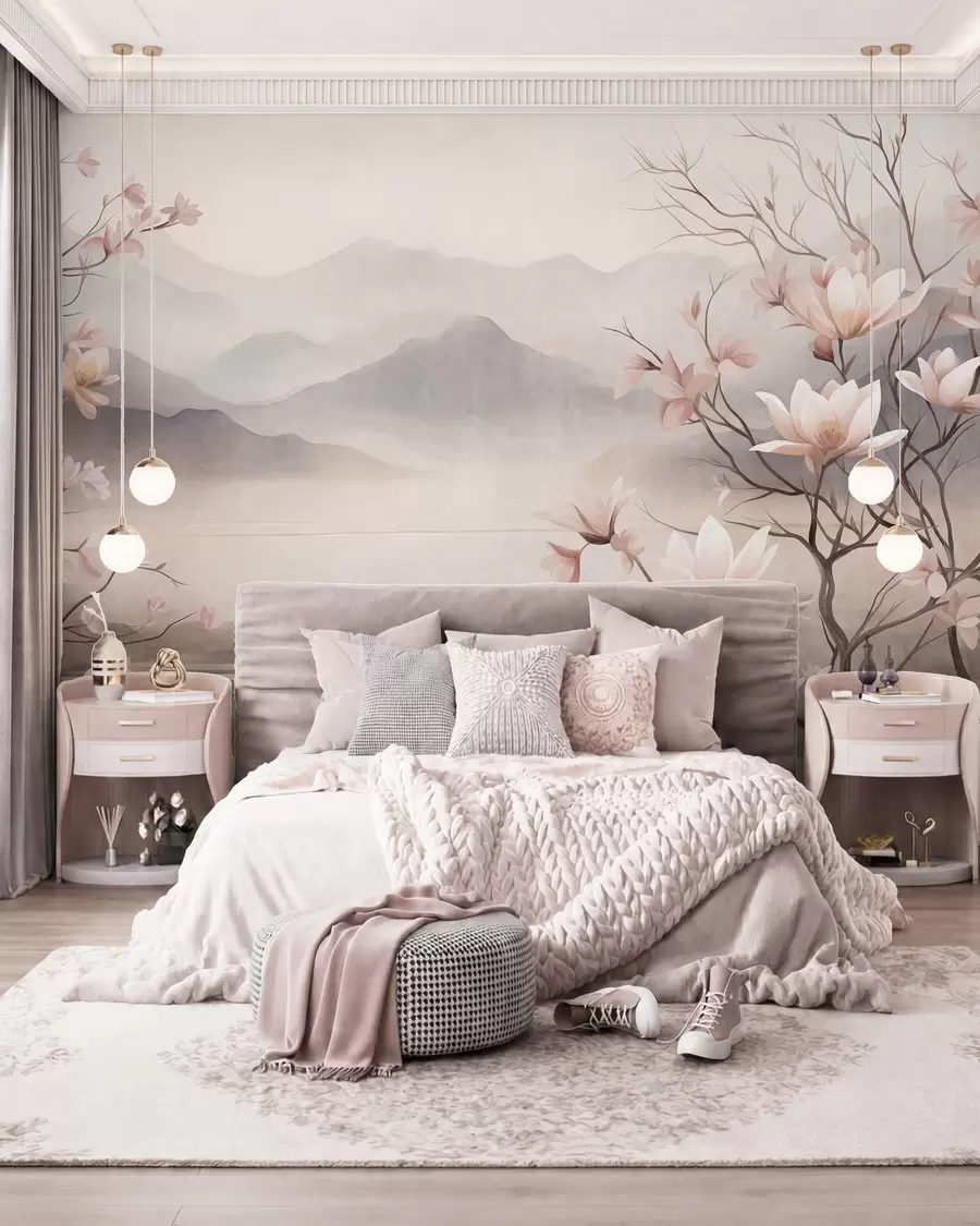 fototapeter Fjell og blomstrende rosa magnoliagrener, et landskap med rik tekstur w10013