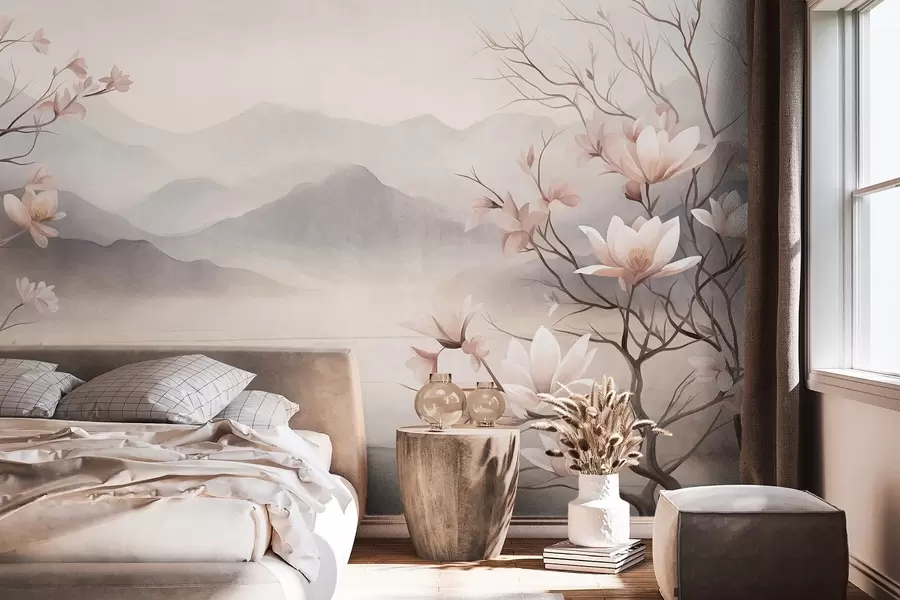 fototapeter Fjell og blomstrende rosa magnoliagrener, et landskap med rik tekstur w10013