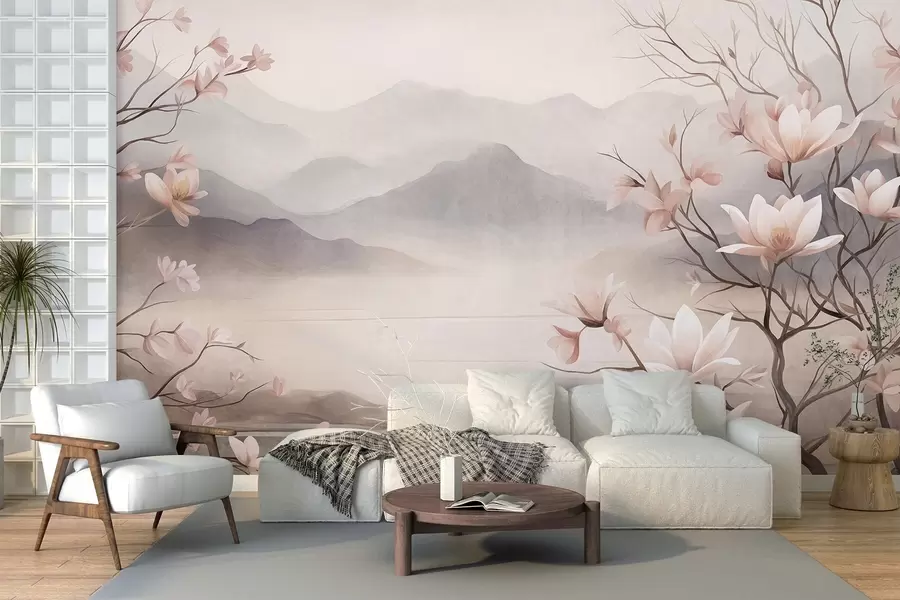 fototapeter Fjell og blomstrende rosa magnoliagrener, et landskap med rik tekstur w10013