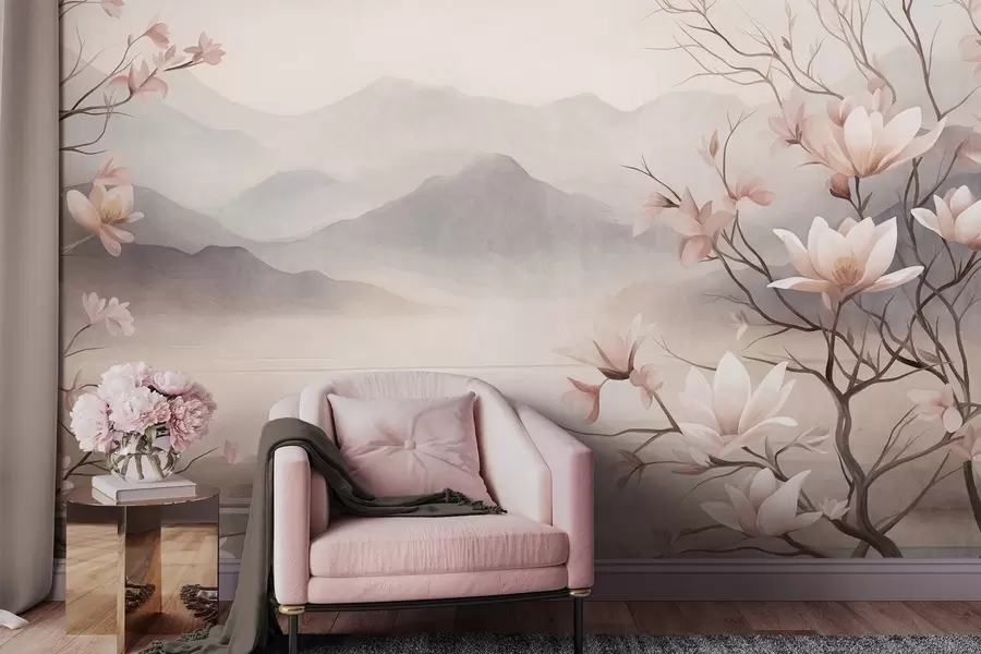fototapeter Fjell og blomstrende rosa magnoliagrener, et landskap med rik tekstur w10013