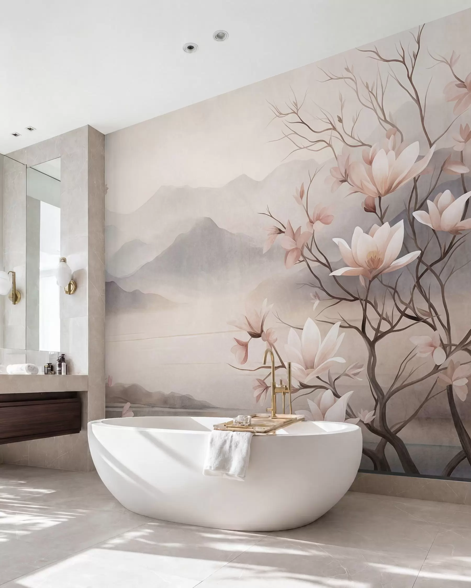 fototapeter Fjell og blomstrende rosa magnoliagrener, et landskap med rik tekstur w10013