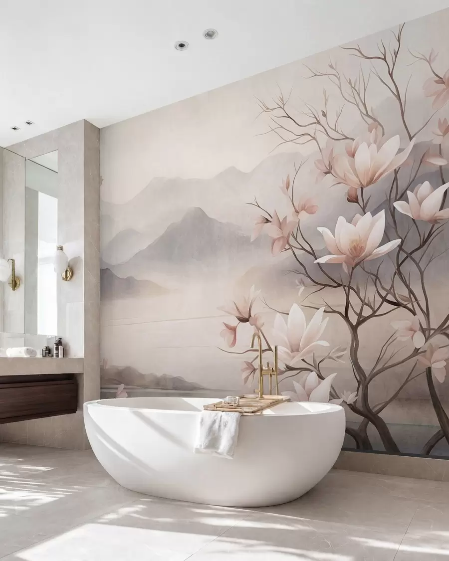 fototapeter Fjell og blomstrende rosa magnoliagrener, et landskap med rik tekstur w10013