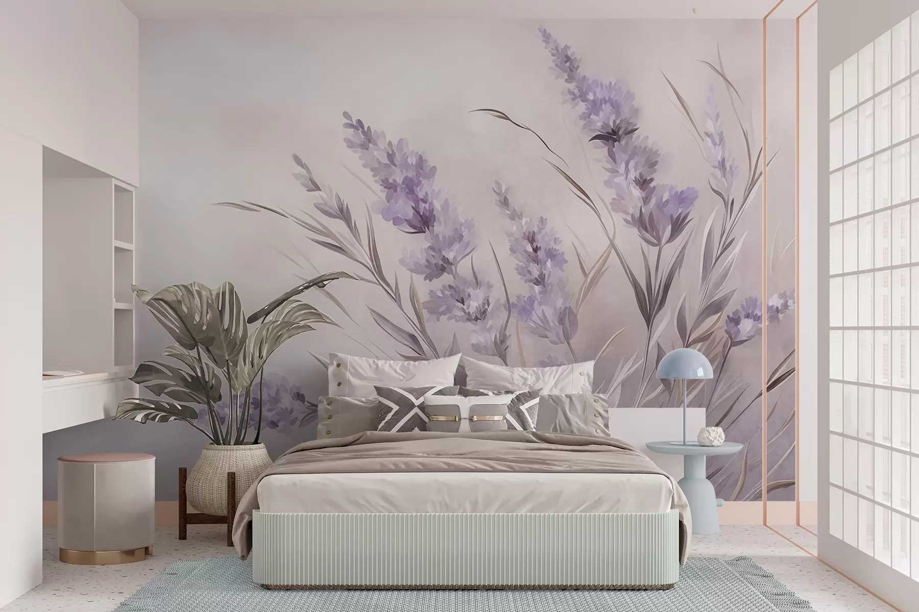 fototapeter Lavendelblomster med lange stilker og blader, kunstverk i myke pastellfarger med struktur w10018