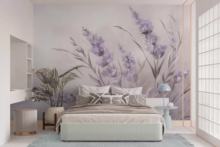 fototapeter Lavendelblomster med lange stilker og blader, kunstverk i myke pastellfarger med struktur w10018
