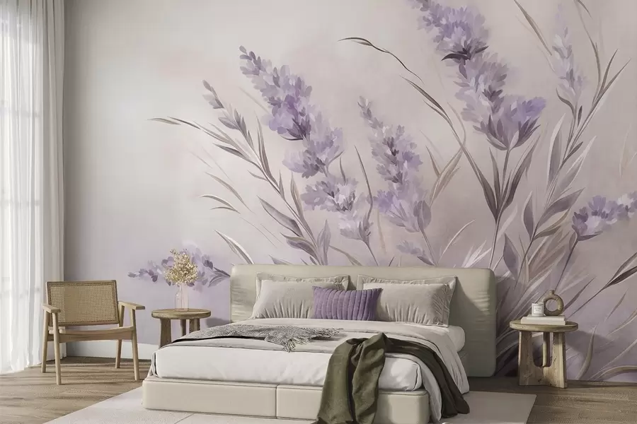 fototapeter Lavendelblomster med lange stilker og blader, kunstverk i myke pastellfarger med struktur w10018