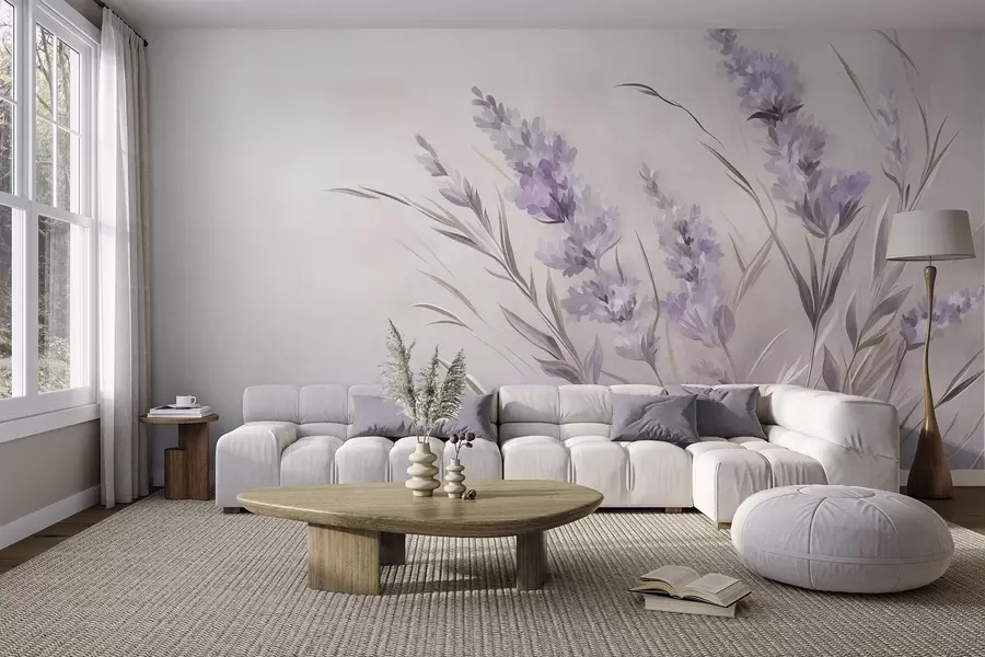 fototapeter Lavendelblomster med lange stilker og blader, kunstverk i myke pastellfarger med struktur w10018