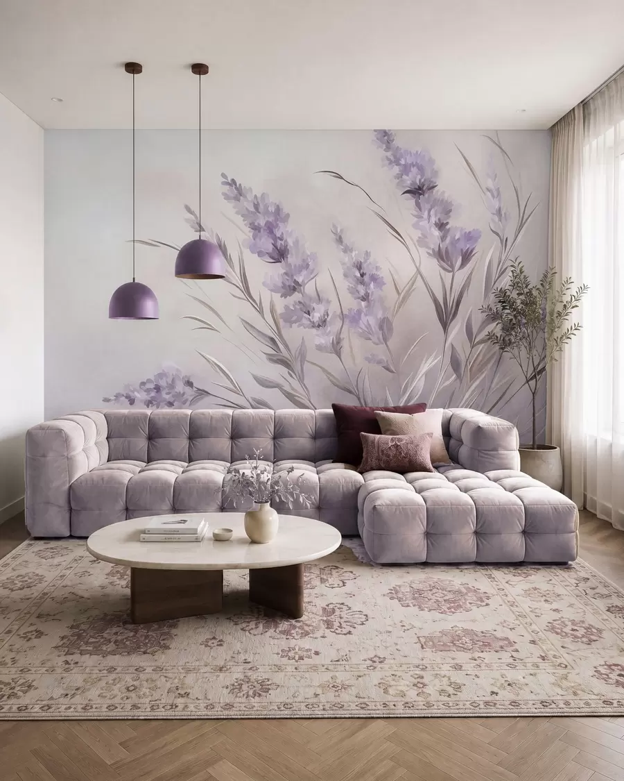 fototapeter Lavendelblomster med lange stilker og blader, kunstverk i myke pastellfarger med struktur w10018