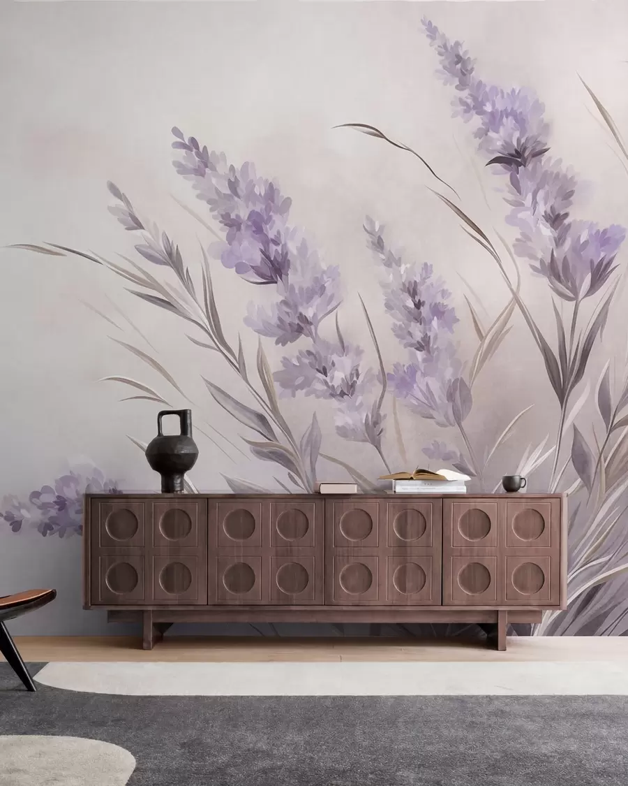 fototapeter Lavendelblomster med lange stilker og blader, kunstverk i myke pastellfarger med struktur w10018