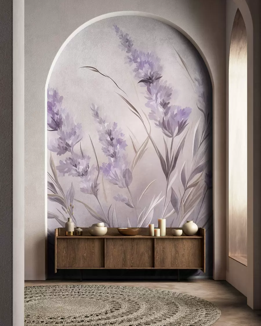 fototapeter Lavendelblomster med lange stilker og blader, kunstverk i myke pastellfarger med struktur w10018