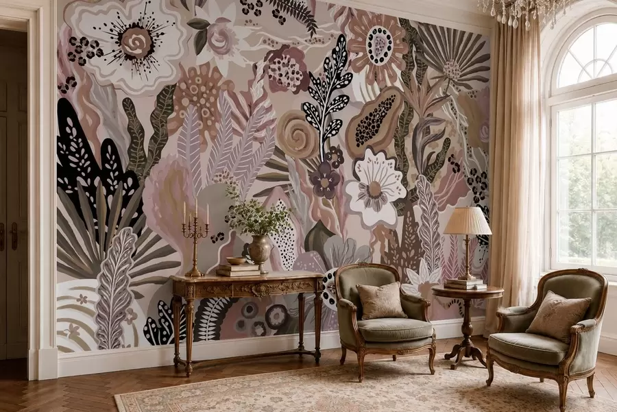 fototapeter Et pulveraktig tropisk motiv med blomster, blader og dempede, myke fargetoner w05815v1