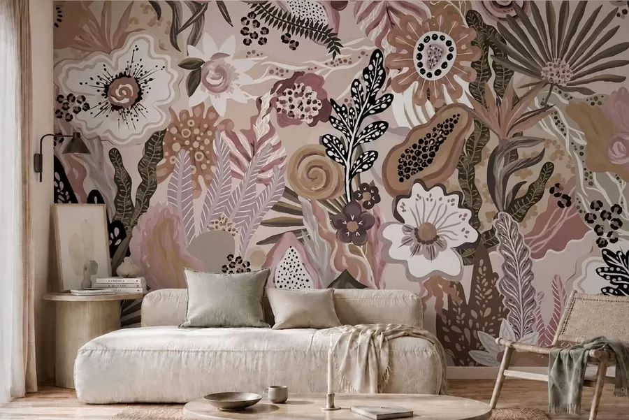 fototapeter Et pulveraktig tropisk motiv med blomster, blader og dempede, myke fargetoner w05815v1
