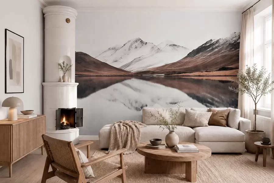 fototapeter Snødekte fjelltopper og en rolig innsjø med et speilblankt vannspeil w05816