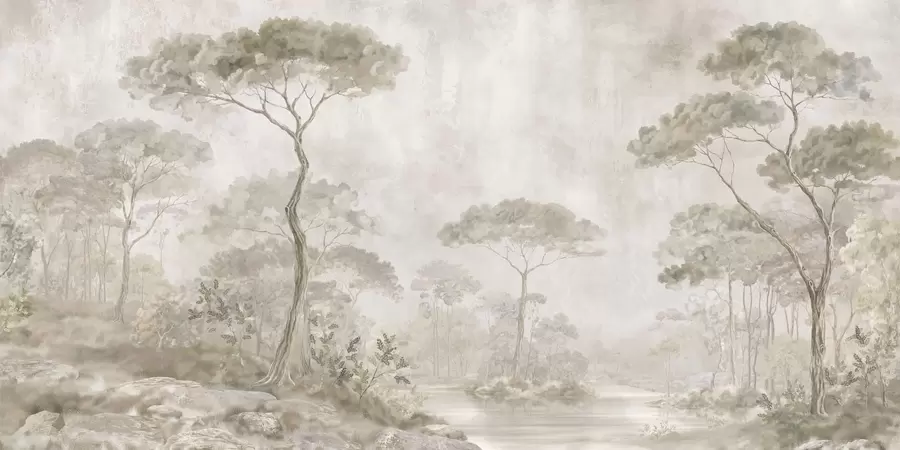 fototapeter En tåkete skog ved stille vann i myke, naturlige pastellfarger w05817