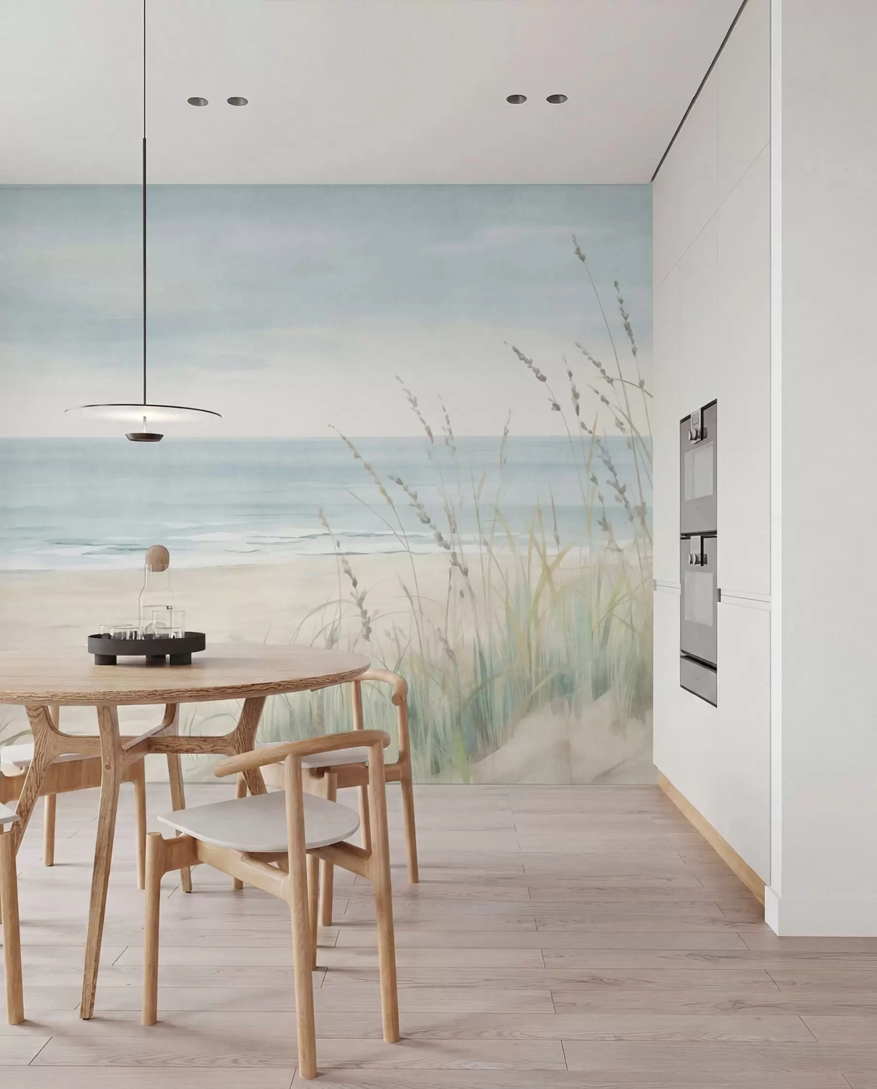 fototapeter Skallsand med en rolig strand og gress i milde pastellfarger w05821
