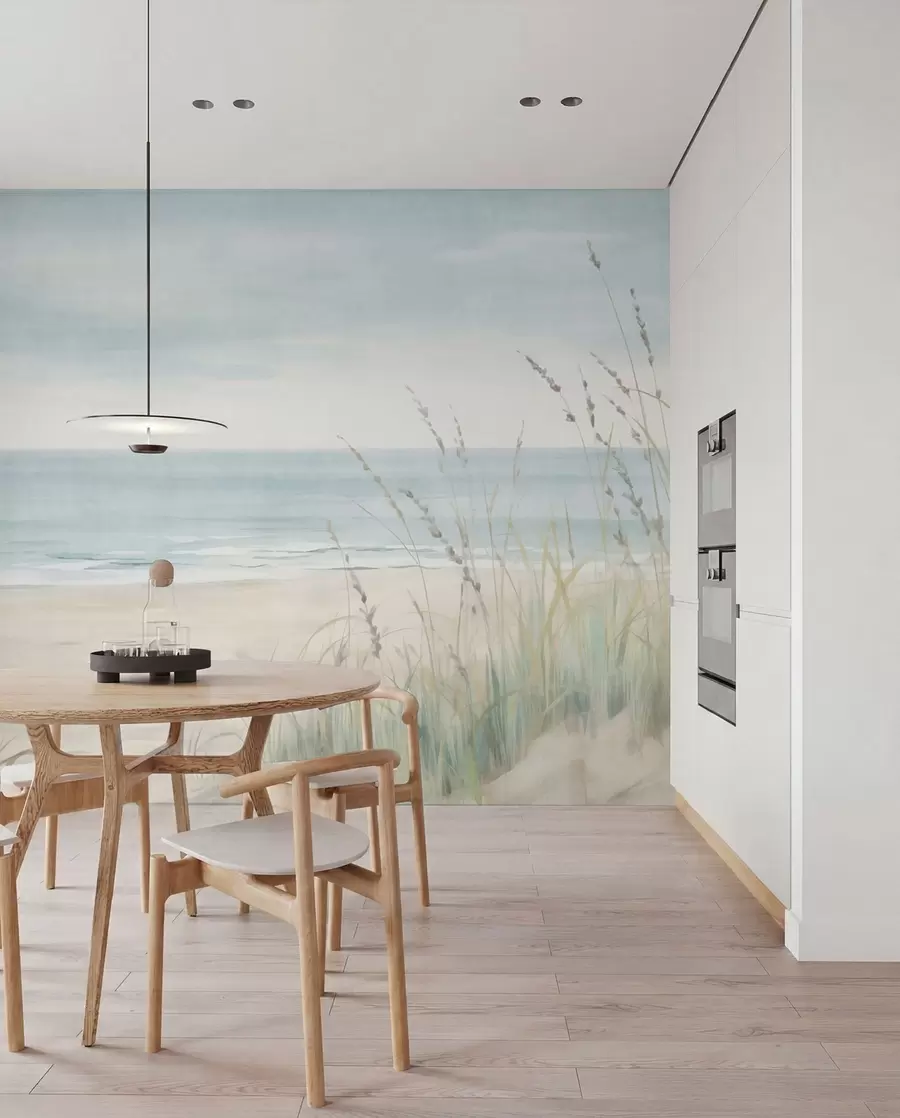 fototapeter Skallsand med en rolig strand og gress i milde pastellfarger w05821