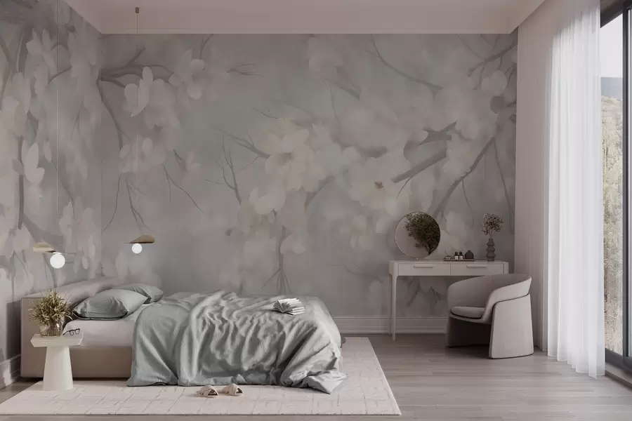 fototapeter Hvite kirsebærblomster på tynne grener, uskarpe, lysegrå bakgrunn, teksturert kunstverk w10012