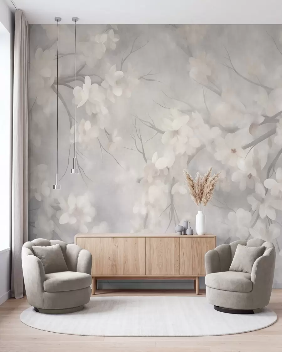 fototapeter Hvite kirsebærblomster på tynne grener, uskarpe, lysegrå bakgrunn, teksturert kunstverk w10012