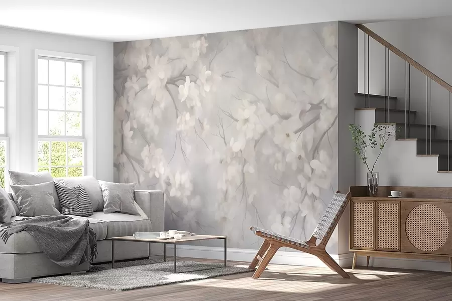 fototapeter Hvite kirsebærblomster på tynne grener, uskarpe, lysegrå bakgrunn, teksturert kunstverk w10012