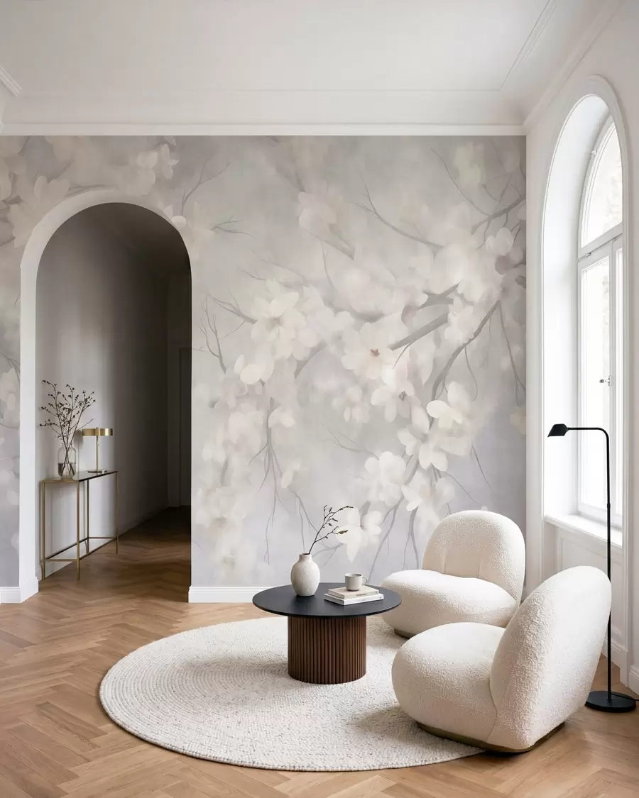 fototapeter Hvite kirsebærblomster på tynne grener, uskarpe, lysegrå bakgrunn, teksturert kunstverk w10012