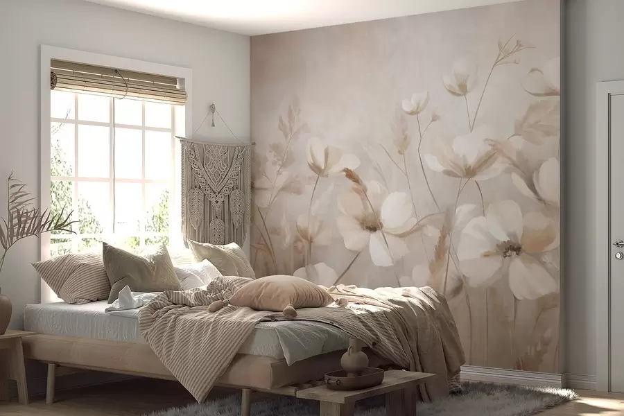 fototapeter Et felt med lyse blomster og høyt gress i dempede farger, teksturert kunst w10019
