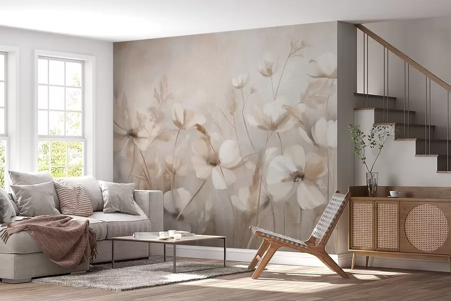 fototapeter Et felt med lyse blomster og høyt gress i dempede farger, teksturert kunst w10019
