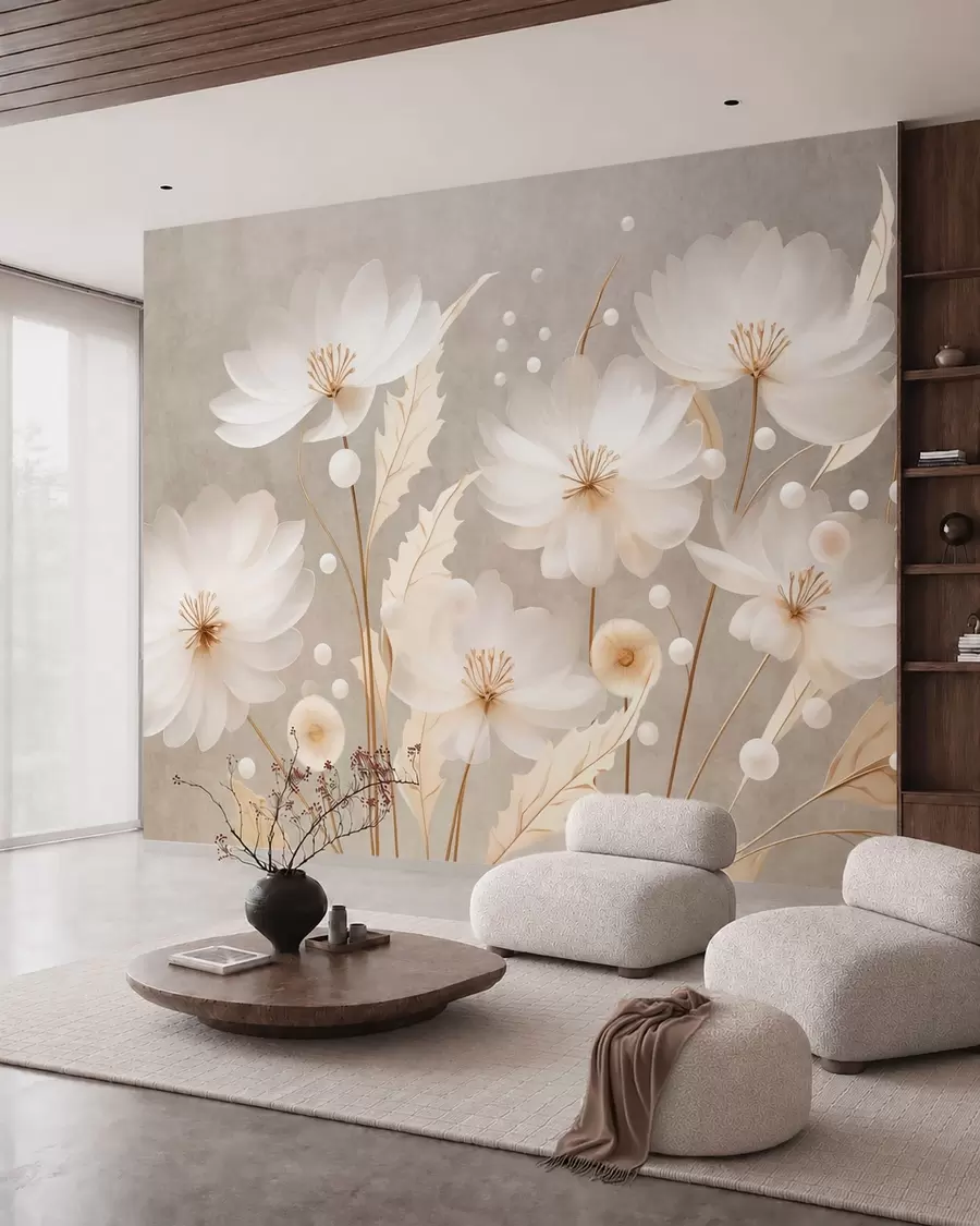 fototapeter Store hvite blomster med dekorative blader på grå bakgrunn w05857