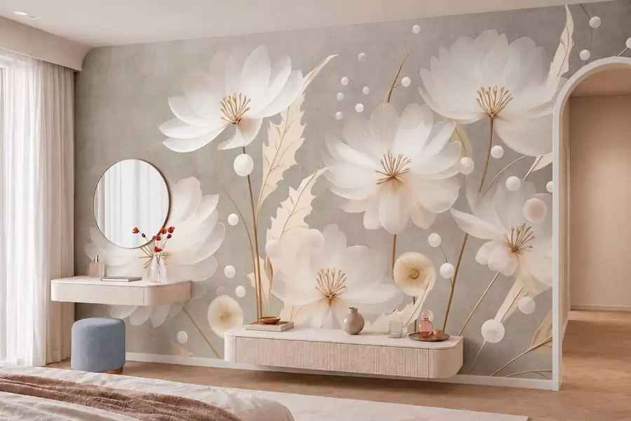 fototapeter Store hvite blomster med dekorative blader på grå bakgrunn w05857