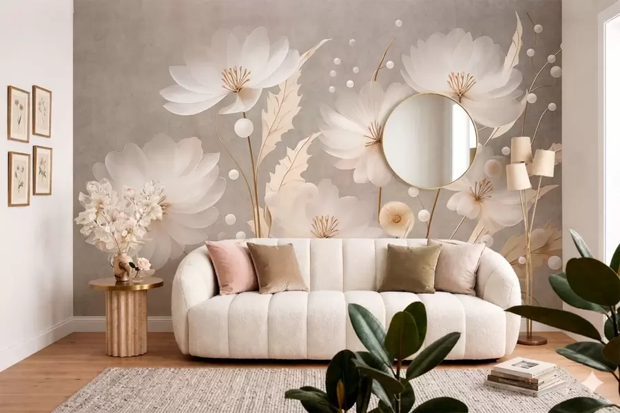 fototapeter Store hvite blomster med dekorative blader på grå bakgrunn w05857