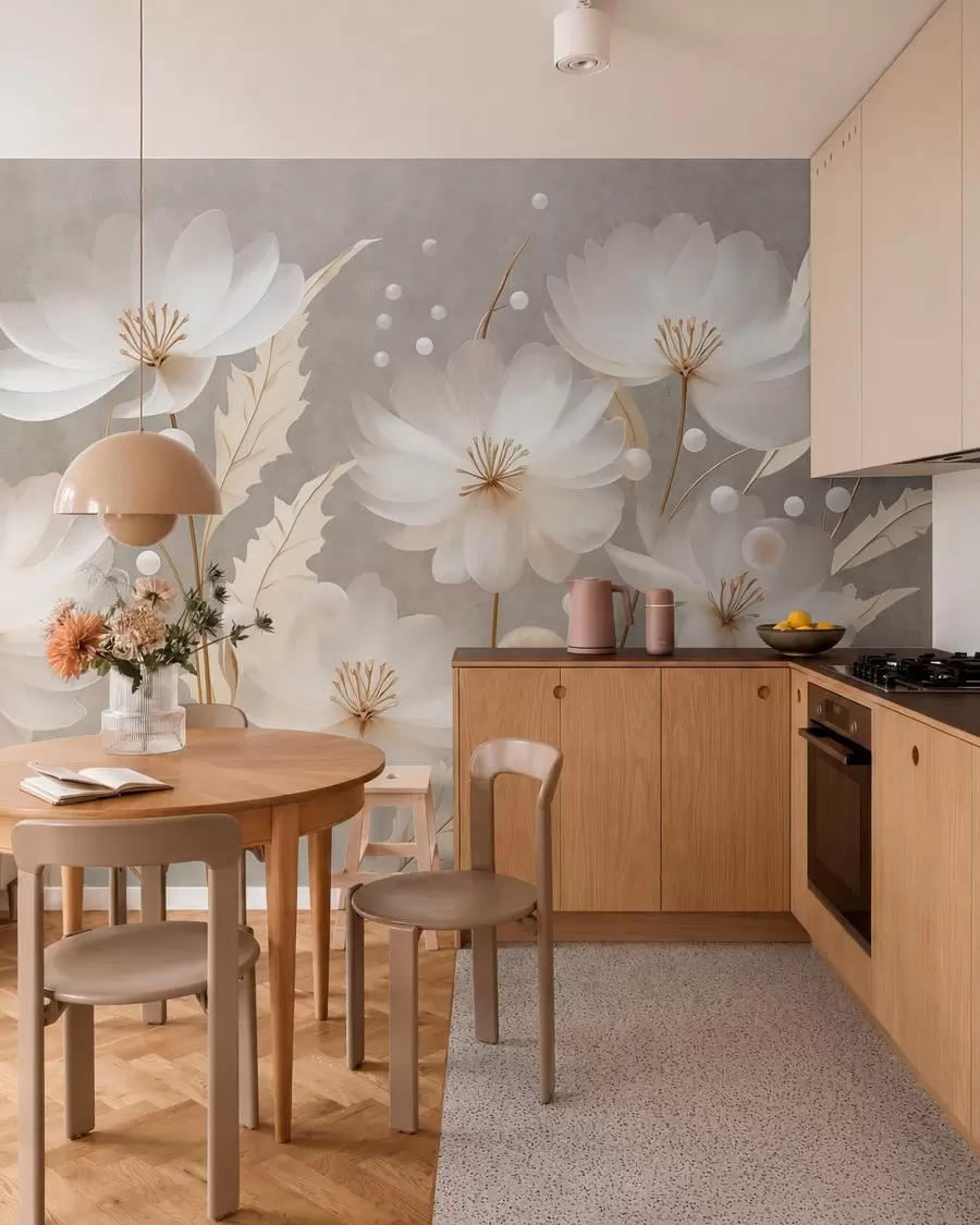 fototapeter Store hvite blomster med dekorative blader på grå bakgrunn w05857
