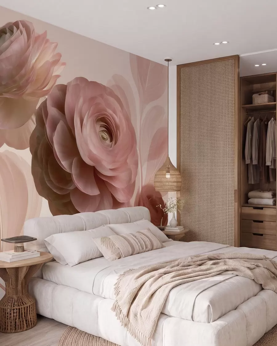 fototapeter Fyldige, pudderrosa ranunkelblomster med gjennomskinnelige kronblader i myke rosa og beige nyanser w09998