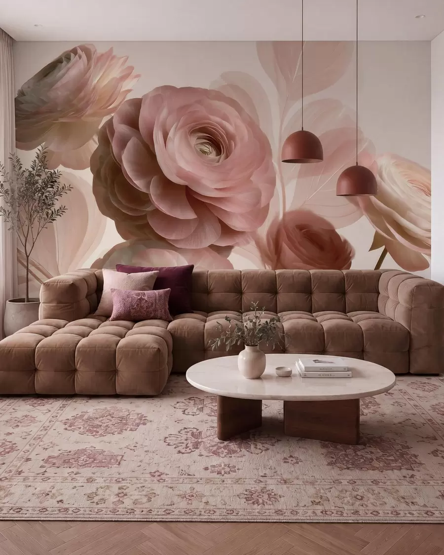 fototapeter Fyldige, pudderrosa ranunkelblomster med gjennomskinnelige kronblader i myke rosa og beige nyanser w09998