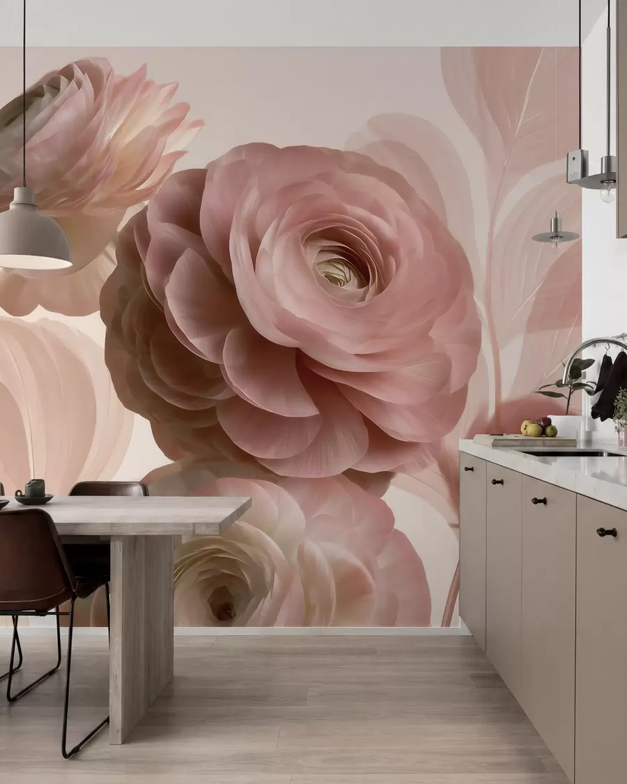 fototapeter Fyldige, pudderrosa ranunkelblomster med gjennomskinnelige kronblader i myke rosa og beige nyanser w09998