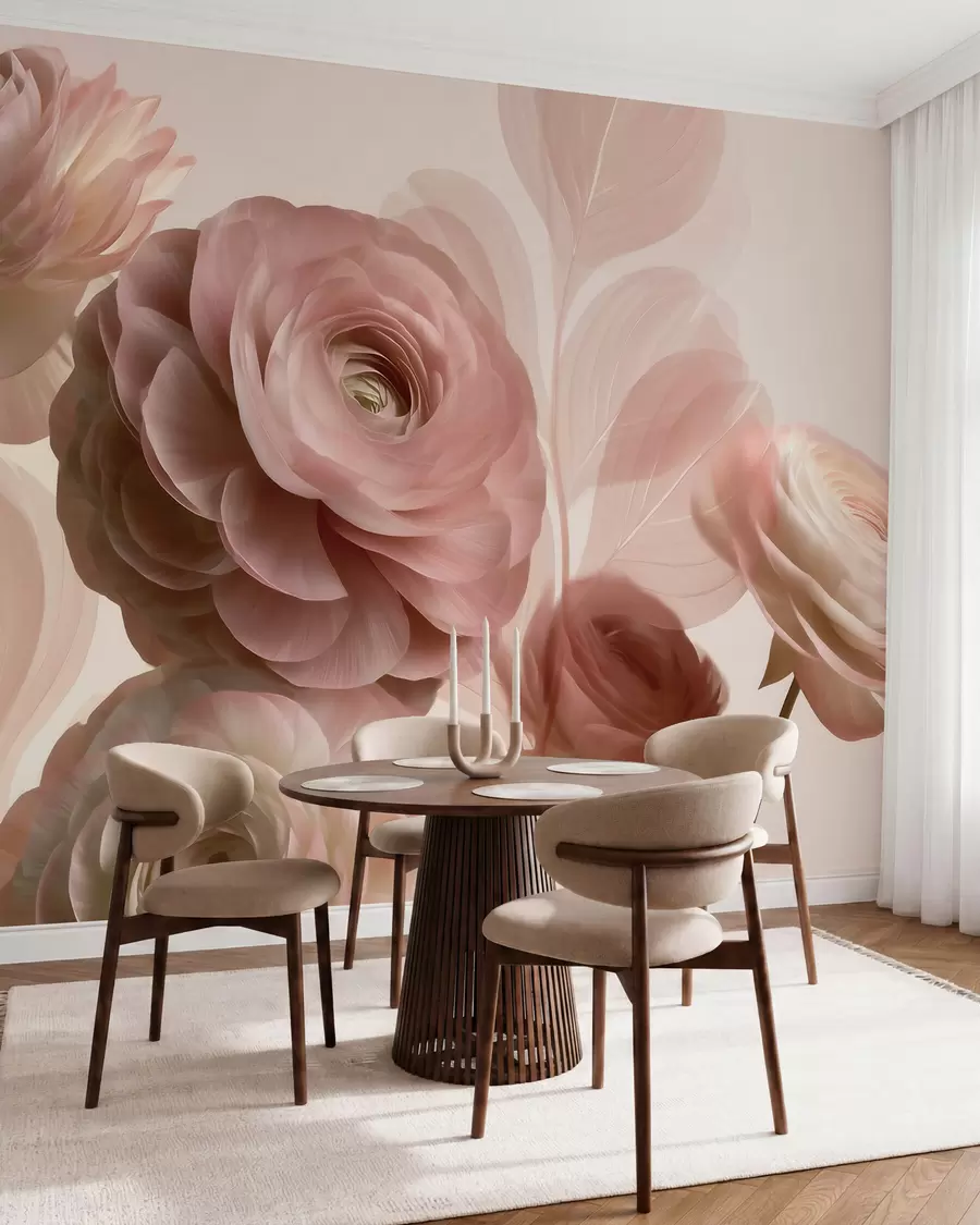 fototapeter Fyldige, pudderrosa ranunkelblomster med gjennomskinnelige kronblader i myke rosa og beige nyanser w09998