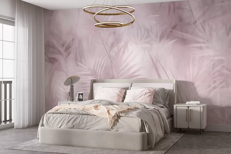 fototapeter Palmeblader i dempede rosa nyanser, med en myk bakgrunn, tropisk jungel w10023v3