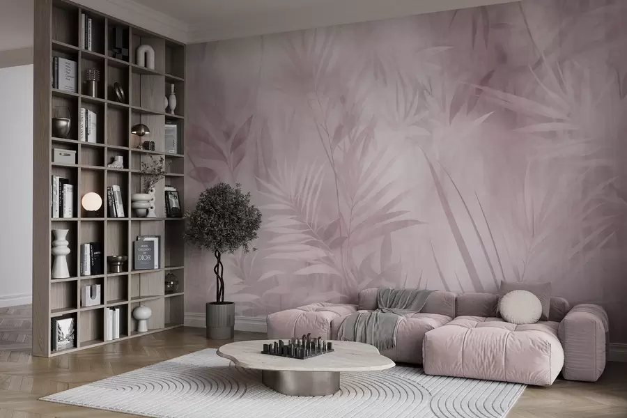 fototapeter Palmeblader i dempede rosa nyanser, med en myk bakgrunn, tropisk jungel w10023v3