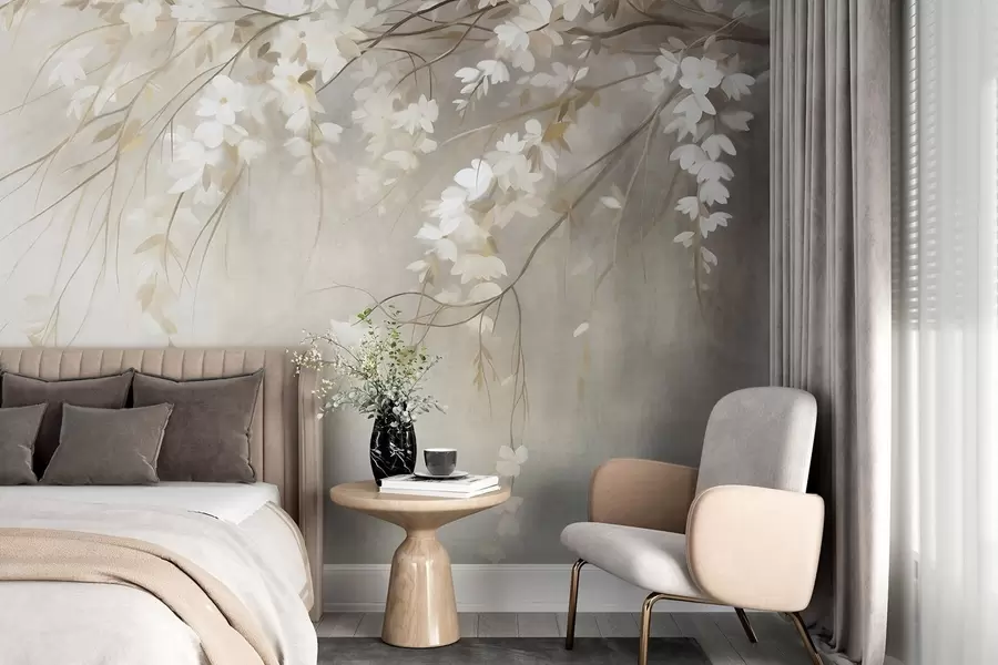 fototapeter En delikat kirsebærtregren med hvite blomster og blader, i maleristil w10024