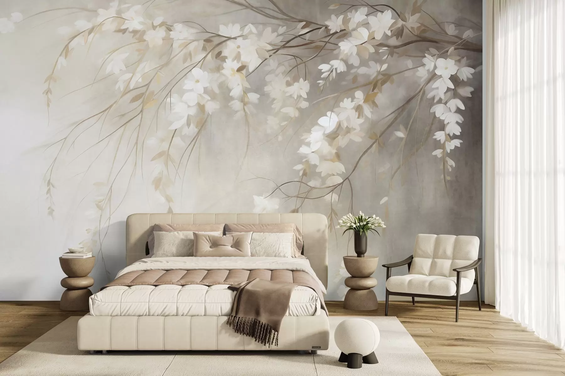 fototapeter En delikat kirsebærtregren med hvite blomster og blader, i maleristil w10024