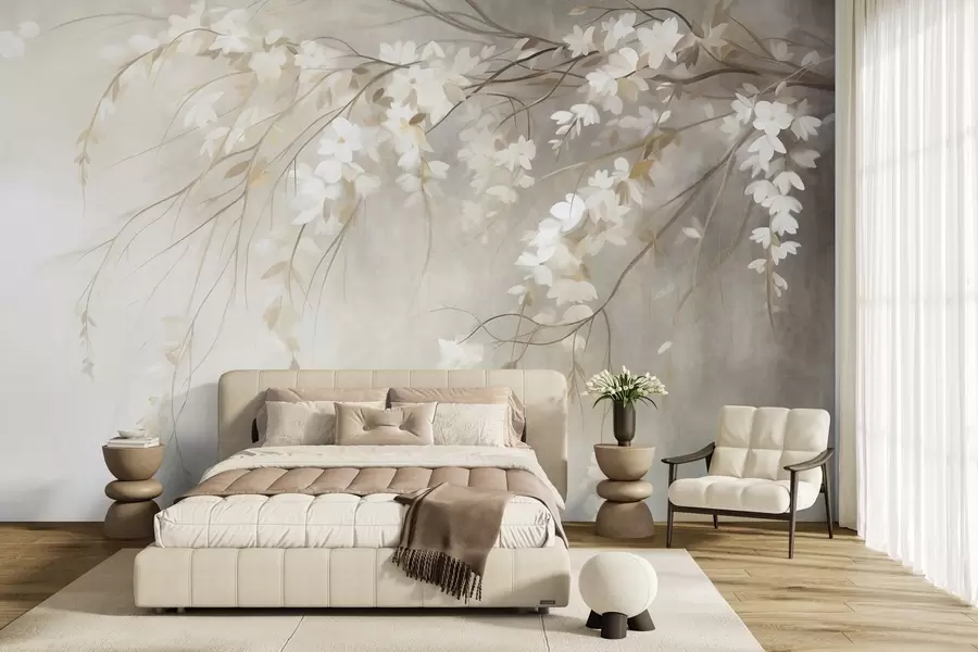 fototapeter En delikat kirsebærtregren med hvite blomster og blader, i maleristil w10024