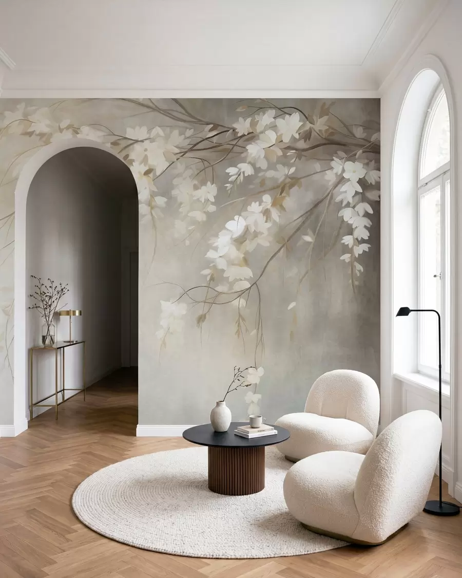 fototapeter En delikat kirsebærtregren med hvite blomster og blader, i maleristil w10024
