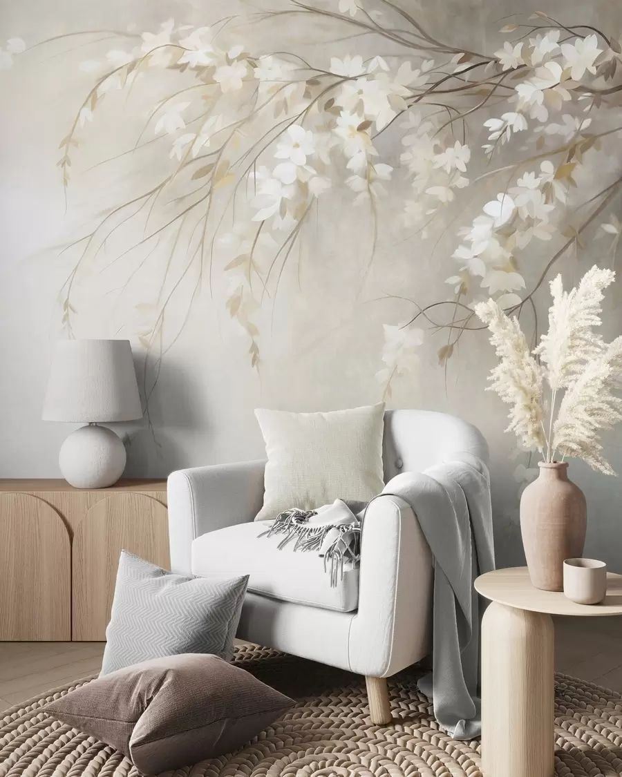 fototapeter En delikat kirsebærtregren med hvite blomster og blader, i maleristil w10024