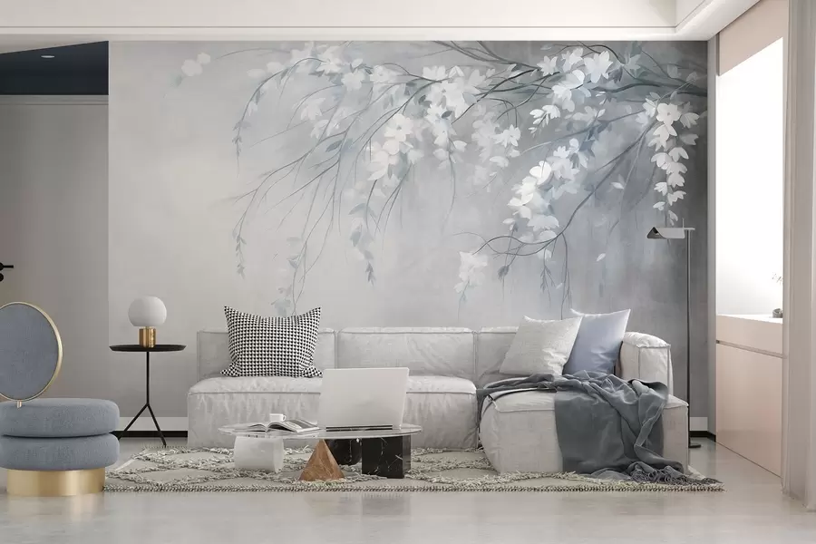 fototapeter En delikat kirsebærtregren med hvite blomster og blader, i maleristil w10024v1