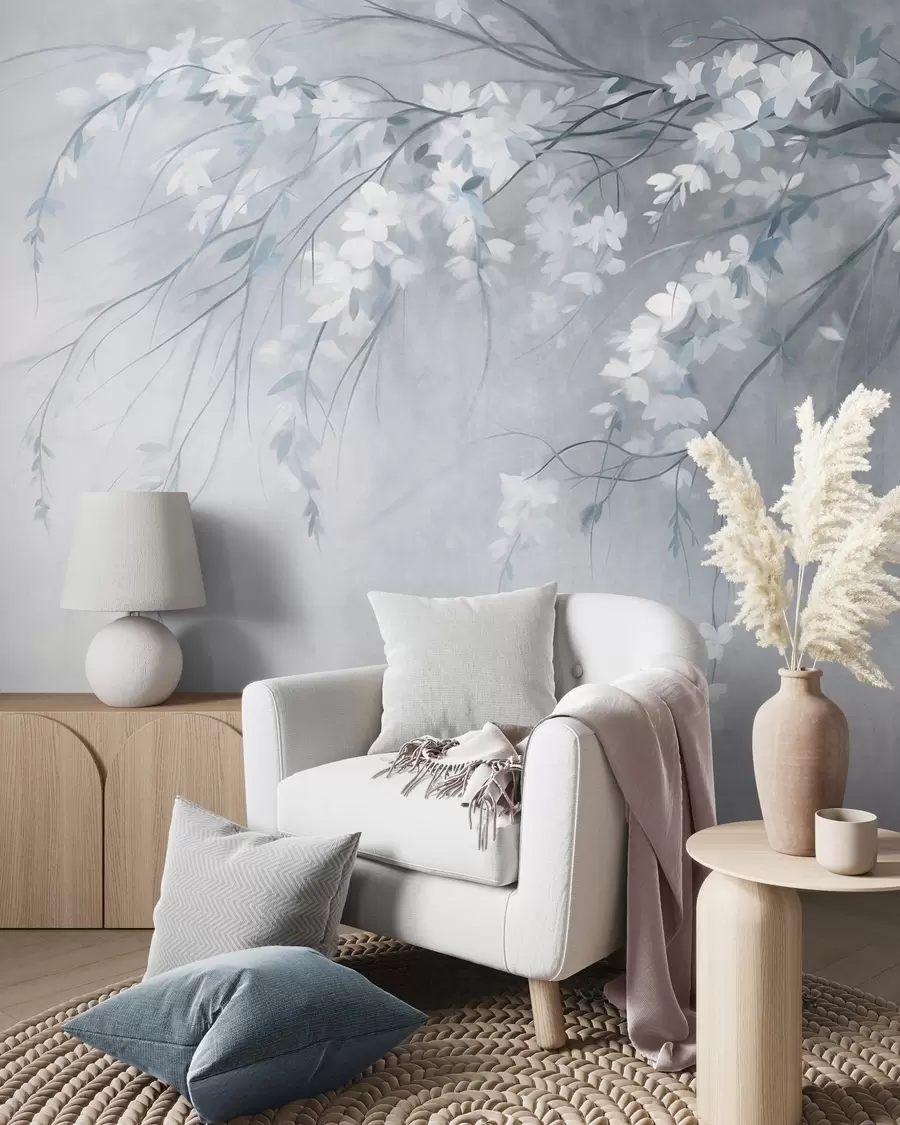 fototapeter En delikat kirsebærtregren med hvite blomster og blader, i maleristil w10024v1