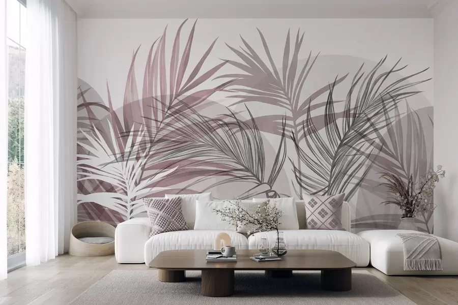 fototapeter Palme blader i nøytrale nyanser av rosa og grått, med abstrakte former w10025v1