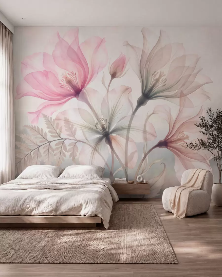 fototapeter Delikate blomster i pastellrosa og blå nyanser, i akvarellstil w10009
