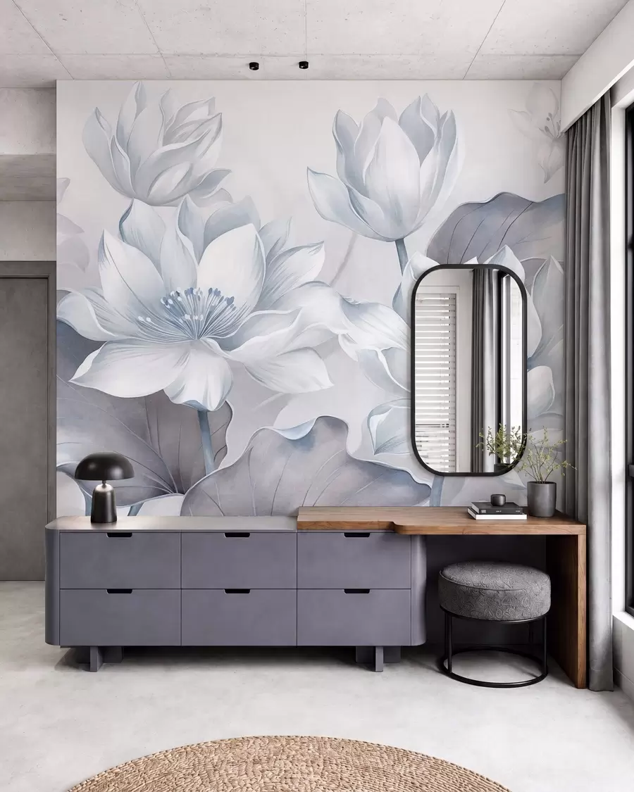 fototapeter Lotusblomster med struktur og delikate kronblader, store, blåblå blader w10027v1