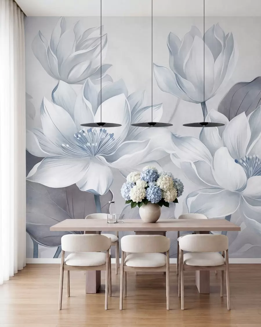 fototapeter Lotusblomster med struktur og delikate kronblader, store, blåblå blader w10027v1