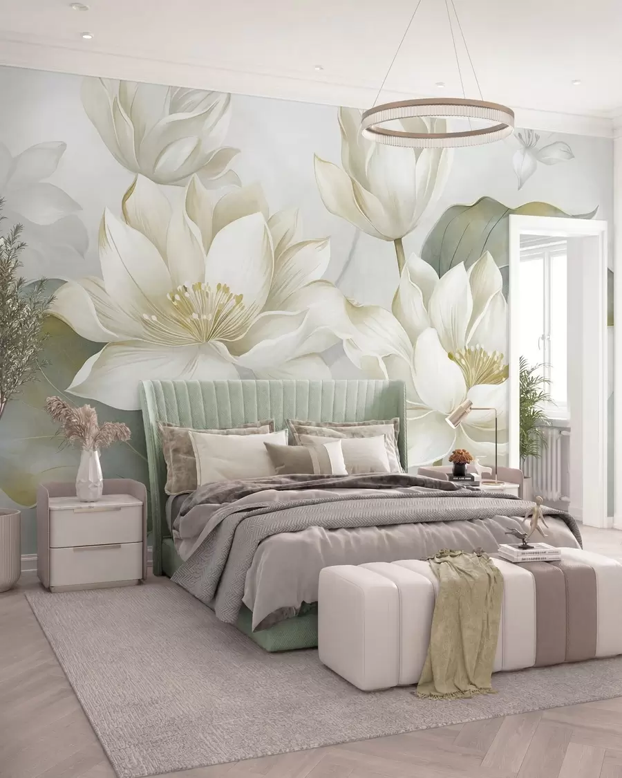 fototapeter Lotusblomster med struktur og delikate kronblader, store, mattgrønne blader w10027